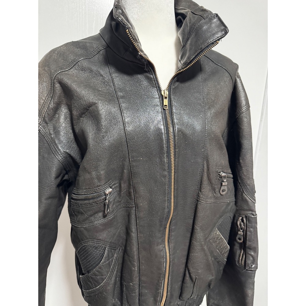 Vintage Weekends Genuine Leather‎ Bomber Jacket Mens Size M Black Zip Up Collar - Picture 2 of 8